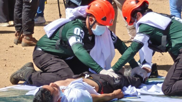 The Greenstone ERT members exhibit their skills during the first-aid competition.  The team came in strong as second runner-up.