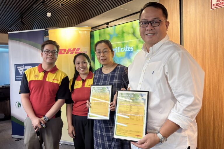 TVIRD Controller Erma Abalos and Marketing Director Kaycee Crisostomo (3rd & 4th from Left) receive the DHL GoGreen Sustainability Award for the Balabag and Siana projects.  The certificates were presented by DHL Field Sales Executive John Paul Perez and Area Sales Manager Joy Balazon.