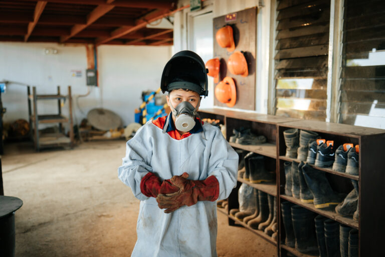 Welding and forging ahead. Roselyn Cedula, a female welder in Greenstone's Fleet Management Department, welds and repairs critical truck components, helping keep the fleet running safely and efficiently.