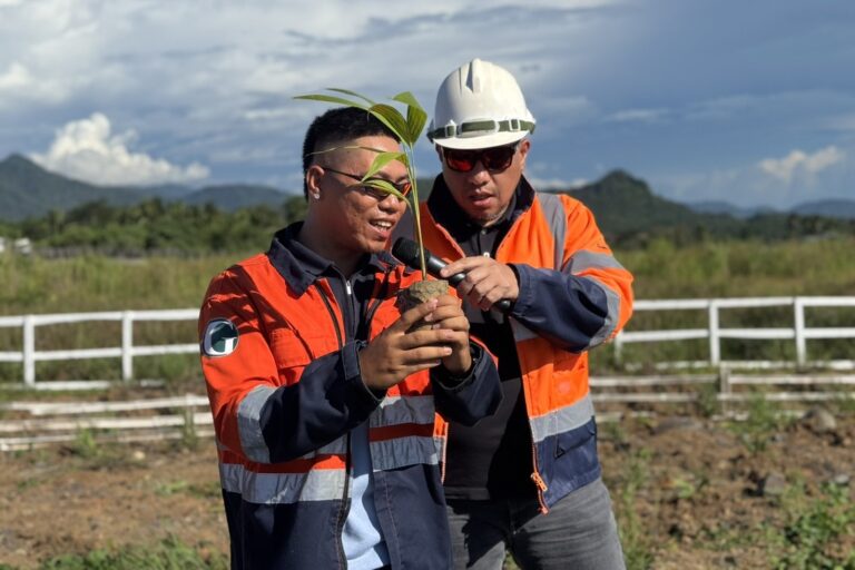 Roots for resilience. Greenstone Agriculturist Johnny M. Catindoy and President Anthony B. Quijano (Left & Right, respectively) take part in the ceremonial tree planting during the Arbor Day 2026 celebration held last June 25 at the TSF3 Resiliency Ornamental Park.