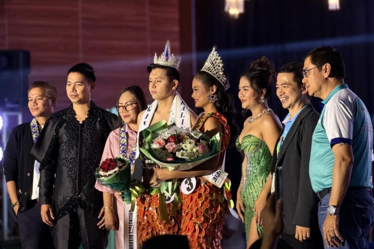 Advocates for the environment. GRC employees Kenneth C. Tuleles and Mechei L. Betonio, winners of the Ginoo at Binibining Kalikasan 2026 pageant, with MGB-13 Regional Director Francis Glenn N. Suante (second from right), during the coronation event held last June 30 at the Gateway Hotel, Surigao City.